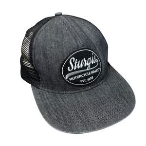 Sturgis Motorcycle Rally Vintage Oval Black Denim Flat Bill Hat Cap Biker Gray